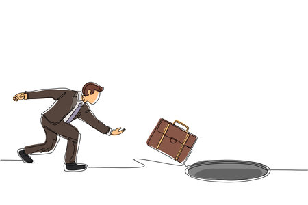 Single continuous line drawing businessman throws briefcase into hole. Failure to take advantage of business opportunities. Depressed and business failure concept. Dynamic one line draw design vectorのイラスト素材