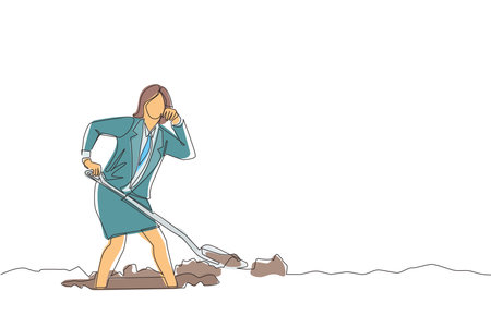 Continuous one line drawing businesswoman wipes sweat on her forehead while digging hole. Worker never give up to finish her job. Work hard concept. Single line draw design vector graphic illustrationのイラスト素材