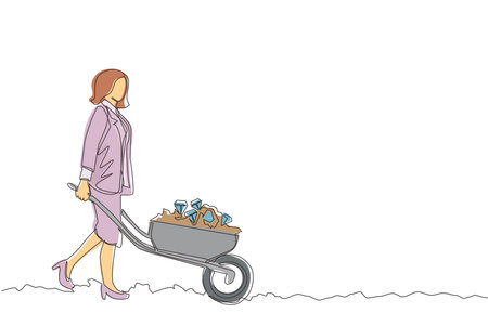 Single one line drawing happy Arabian businessman pushing cart full of diamonds. Wheelbarrow with golds, jewelry, precious stone. Business, finance concept. Continuous line draw graphic design vectorのイラスト素材