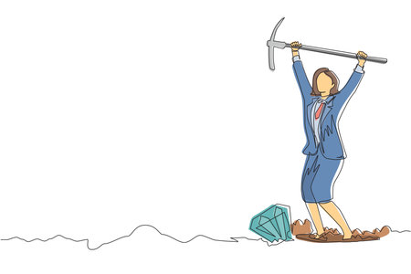 Single one line drawing businesswoman in hole prancing happily while lifting pickaxe with both hands, finding diamond or precious stone. Modern continuous line draw design graphic vector illustrationのイラスト素材