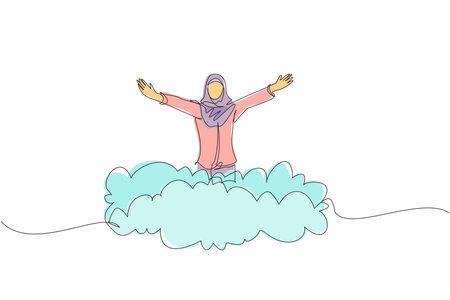 Single one line drawing Arabian businesswoman on top of cloud with raised hands. Successful business concept. Financial freedom, happiness, peaceful. Continuous line design graphic vector illustrationのイラスト素材
