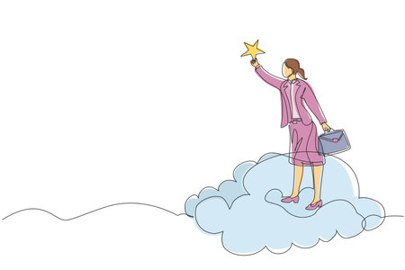 Continuous one line drawing success businesswoman reaching and grab precious star. Business champion succeed get reward, winning star employee, career path, dream job. Single line draw design vectorのイラスト素材