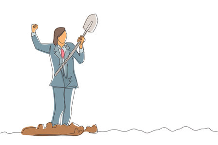 Single one line drawing happy Arab businessman standing and holding shovel on dug ground. Man with excited expression find treasures in dirt. Successful business. Continuous line design graphic vectorのイラスト素材