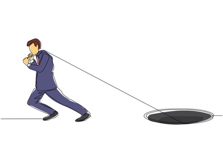 Single continuous line drawing businessman trying hard pulling rope to drag something from hole, metaphor to facing big problem. Business struggles. One line draw graphic design vector illustrationのイラスト素材