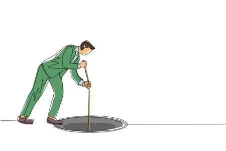 Continuous one line drawing businessman stretch out rope into hole. Man wondering and looking at the big hole, business concept in opportunity, exploration or challenge. Single line draw design vectorのイラスト素材