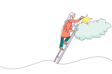 Single continuous line drawing Arab businesswoman standing on stairs and reaching star on the sky. Goals and dreams. Business, career, achievement concept. One line graphic design vector illustrationのイラスト素材