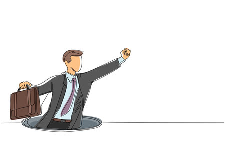 Continuous one line drawing flying businessman with wing and briefcase coming out of holes. Man leading financial rising from hole. Business growth concept. Single line draw design vector illustrationのイラスト素材