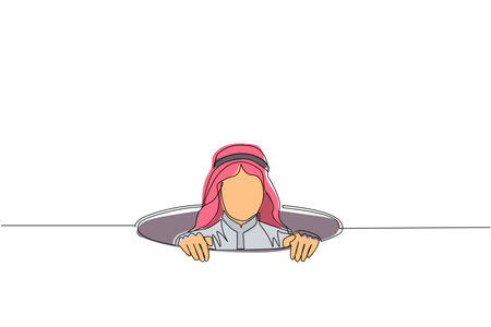 Single one line drawing Arabic businessman emerges from hole. Concept of failure to take advantage of business opportunities. Depressed and business failure. Continuous line draw design graphic vectorのイラスト素材