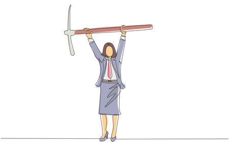 Continuous one line drawing Arab businessman standing and lifting big pickaxe. Business concept. Depicts hard work, success, achievement, discovery. Single line draw design vector graphic illustrationのイラスト素材
