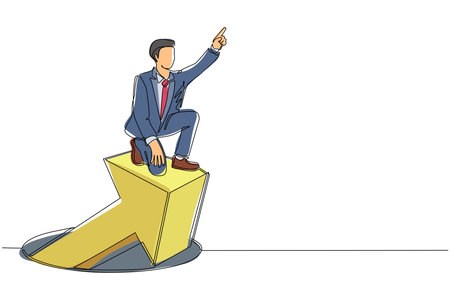 Single one line drawing businessman standing on arrows coming out of holes. Man leading financial graph rising from hole. Business growth concept. Modern continuous line draw design graphic vectorのイラスト素材