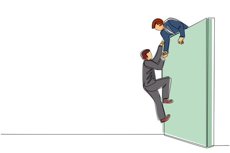 Continuous one line drawing businessman helping another businessman climb wall. Confident successful leading businessman helping another one to get over brick wall. Single line draw design vectorのイラスト素材