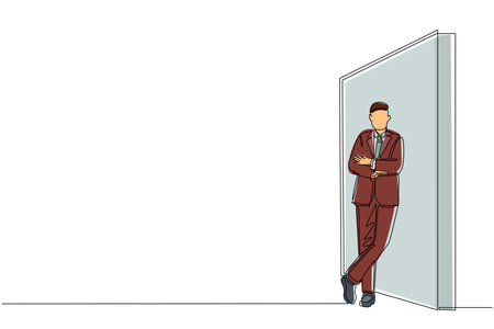 Single continuous line drawing young businessman standing and lean against wall, thinking something about new business company. Full length or body. One line draw graphic design vector illustrationのイラスト素材