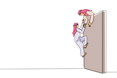 Single continuous line drawing Arab businessman helping another businessman climb wall. Confident successful leading businessman helping another one to get over brick wall. One line draw design vectorのイラスト素材