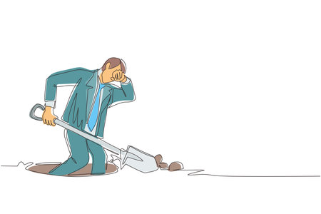 Single continuous line drawing businessman wipes sweat on his forehead while digging hole. Worker never give up to finish his job. Work hard concept. One line draw graphic design vector illustrationのイラスト素材