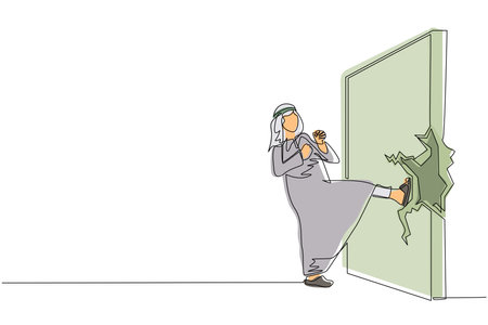 Single continuous line drawing Arab businessman doing kungfu or karate kick to destroy brick wall. Business concept of obstacle and solution. Obstruction ruined with force. One line draw design vectorのイラスト素材