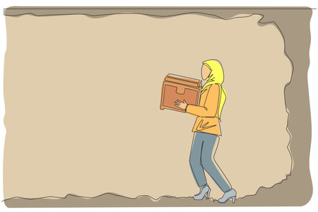 Single continuous line drawing Arab businesswoman carrying treasure chest from underground. Treasure digging, growth wealth concept lucky rich woman, hard working process. One line draw design vectorのイラスト素材