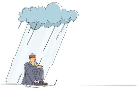Single continuous line drawing businessman feeling sad and depression sitting under rain and cloud. Unhappy depressed loneliness sad worker in stress with problem. One line draw design vector graphicのイラスト素材