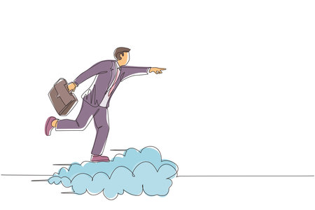 Single one line drawing businessman holding briefcase ride cloud, pointing forward, go to future, business concept. Man on cloud way to success. Continuous line draw design graphic vector illustrationのイラスト素材