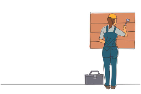 Single one line drawing woman professional worker in uniform hammering. Nail in wood. Construction work at home. Building, construction, repair work service. Continuous line draw design graphic vectorのイラスト素材