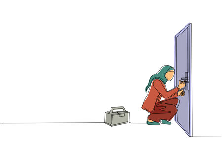 Single continuous line drawing Arab businesswoman prying doorknob with screwdriver. Woman repair broken handle door knob with handywoman tool in tool box. Business concept. One line draw design vectorのイラスト素材