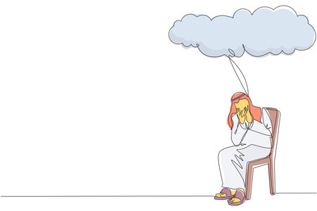 Continuous one line drawing Arab businessman sitting under rain cloud. Business failure. Worried man thinking about business with negative trend. Collapse of economy. Single line design vector graphicのイラスト素材