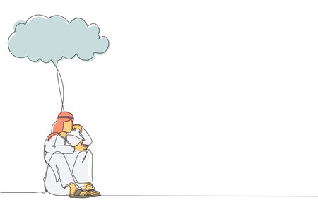 Single continuous line drawing Arabian businessman feeling sad, depression sitting under rain and cloud. Unhappy depressed loneliness sad worker in stress with problem. One line graphic design vectorのイラスト素材