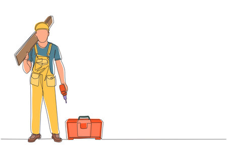 Single one line drawing timber frame house construction worker. Repairman standing with board, tool box, and drill. Building, construction, repair work services. Continuous line draw design vectorのイラスト素材