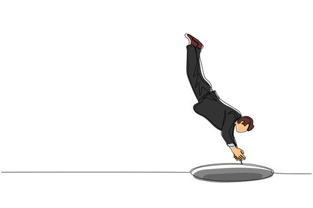 Single continuous line drawing businessman jump into hole. Concept of failure to take advantage of business opportunities. Depressed and business failure concept. One line draw graphic design vectorのイラスト素材