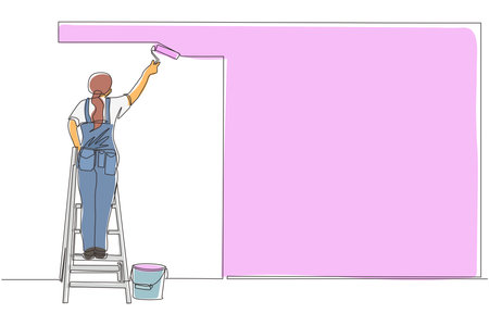 Continuous one line drawing painter standing on staircase paints wall. Woman is holding paint roller in hand. Human runs to provide construction work. Worker in uniform. Single line draw design vectorのイラスト素材