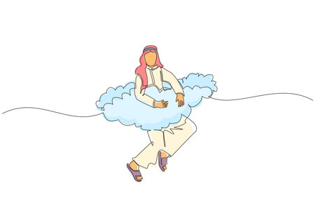 Continuous one line drawing Arabic businessman hang in clouds. Hoping for success, financial freedom, winning business project, achievement concept. Single line draw design vector graphic illustrationのイラスト素材