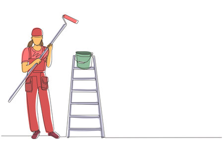 Continuous one line drawing painter woman in overalls with a painting roller, with bucket and ladder. Room painter. Handywoman. Construction worker. Single line draw design vector graphic illustrationのイラスト素材