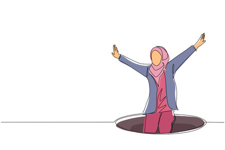 Single continuous line drawing Arabian businesswoman fell into manhole underground sewer. Woman fell sewer hatch. Depressed and business failure concept. Metaphor. Defeat. One line draw design vectorのイラスト素材