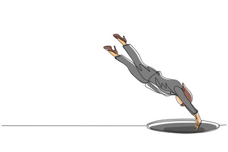 Continuous one line drawing businesswoman jump into hole. Concept of failure to take advantage of business opportunities. Depressed and business failure concept. Single line draw design vector graphicのイラスト素材