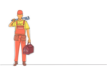 Continuous one line drawing man plumber holding wrench and tools box in hands stands isolated. Professional serviceman character in uniform ready for work. Single line draw design vector illustrationのイラスト素材