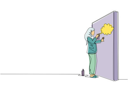 Continuous one line drawing Arabic businesswoman is painting profit graph on wall. Business and success metaphor concept. Allegory of career growth. Single line draw design vector graphic illustrationのイラスト素材