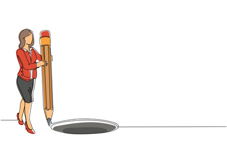 Single one line drawing businesswoman making circle of holes with large pencil. Business cheating. Woman making hole trap. Metaphor. Failure. Defeat. Continuous line draw design vector illustrationのイラスト素材