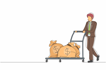 Continuous one line drawing businessman push cart with money bags. Reward or profit concept. Man employee with salary. Investor carries money to startup. Single line design vector graphic illustrationのイラスト素材