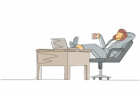 Single continuous line drawing businesswoman work relaxed at desk and drink cup of coffee. Flat design of employee character working with laptop computer. One line draw graphic vector illustrationのイラスト素材