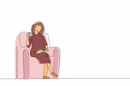 Single continuous line drawing pregnant young woman sitting on sofa, reading book and drinking tea. Cozy evening with hot drink. Outside the winter. One line draw graphic design vector illustrationのイラスト素材