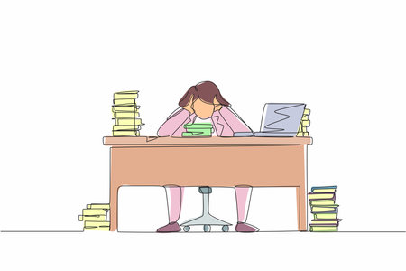 Single continuous line drawing stressed businesswoman throwing tantrum in office holding her hands to his head shouting while seated at a desk surrounded by files. One line draw graphic design vectorのイラスト素材