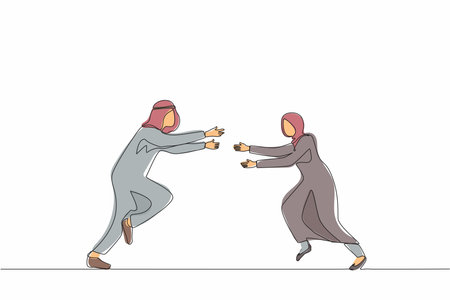 Single continuous line drawing happy Arab man and woman run to meet each other. Female want to embrace male friend. Happy couple. Meeting of friends, love concept. One line draw graphic design vectorのイラスト素材