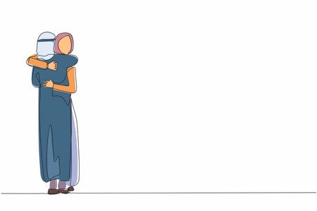 Single continuous line drawing excited wife embracing beloved husband at home on return from business trip. Happy Arabian couple cuddling celebrating anniversary. One line draw graphic design vectorのイラスト素材