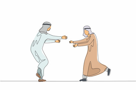 Single continuous line drawing two happy Arabian guys run to meet each other. Males embracing and laughing. Meeting of friends. Male friendship meet. One line draw graphic design vector illustrationのイラスト素材
