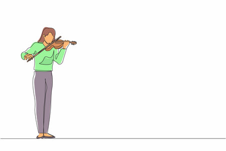Single one line drawing woman musician playing violin. Classical music performer with musical instrument. Female musician playing violin at music festival. Continuous line design vector illustrationのイラスト素材