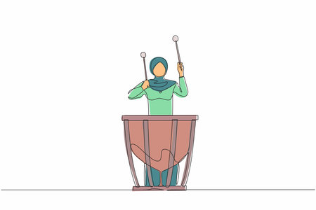 Single continuous line drawing Arab female percussion player play on timpani. Woman performer holding stick and playing musical instrument. Musical instrument timpani. One line graphic design vectorのイラスト素材