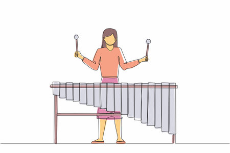 Continuous one line drawing woman percussion player play marimba. Young female musician playing traditional Mexican marimba instrument at music festival. Single line design vector graphic illustrationのイラスト素材