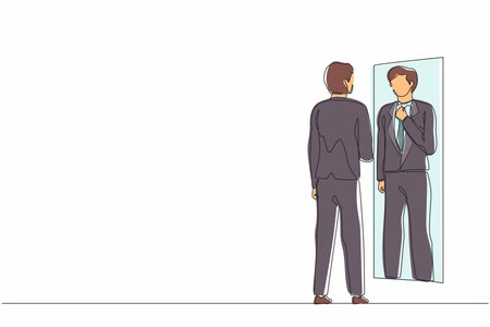 Single continuous line drawing businessman adjusting tie in front of mirror. Man checking his appearance in mirror. Male manager looking himself in mirror. One line graphic design vector illustrationのイラスト素材