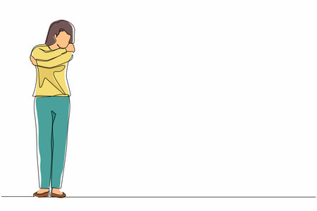 Single one line drawing love yourself. Young woman hugging oneself, happy, positive, smiling. Beautiful woman hugging oneself happy. Self love and self care. Continuous line draw graphic design vectorのイラスト素材