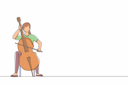 Single continuous line drawing young female performer playing on contrabass. Cellist woman playing cello, musician playing classical music instrument. One line draw graphic design vector illustrationのイラスト素材