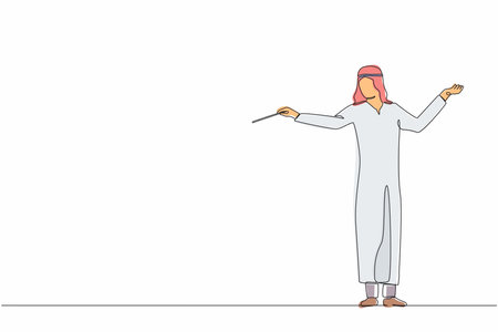 Continuous one line drawing Arab man music orchestra conductor. Male musician with arm gestures. Expressive conductor directs orchestra during performance. Single line draw design vector illustrationのイラスト素材